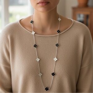 Black & White Clover Station Long Necklace - Women Jewelry Necklace